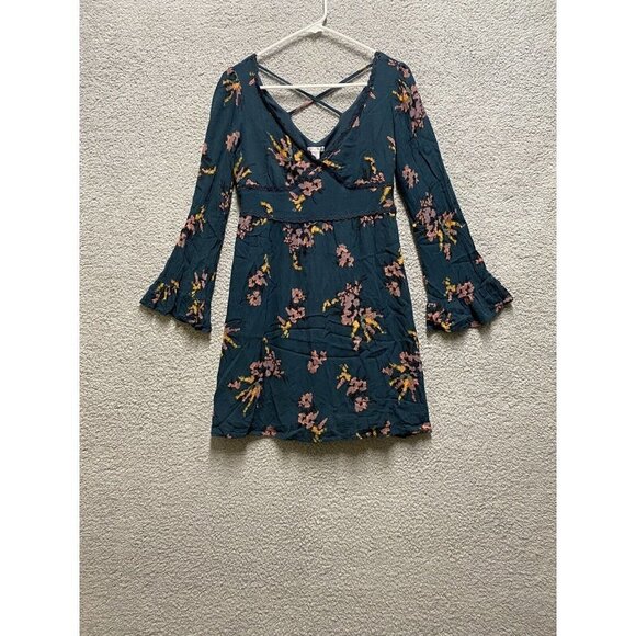 Xhilaration Teal Floral Print Babydoll Dress Small S Long Sleeve Mini Cross Back - Picture 1 of 10